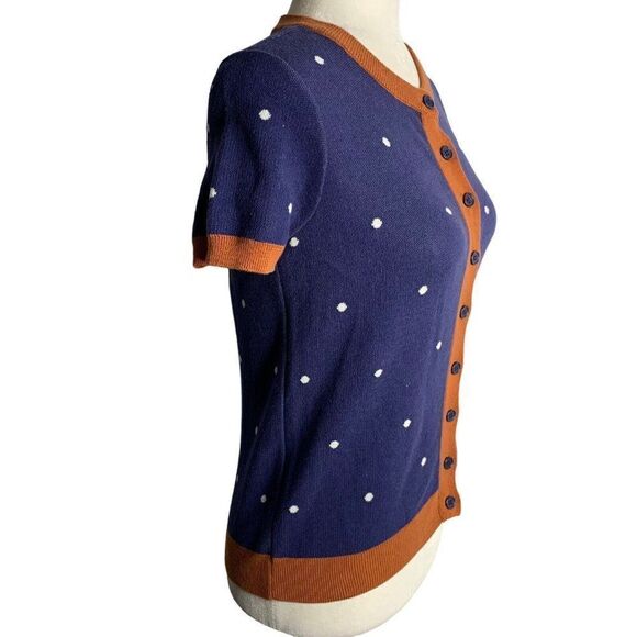 ModCloth Short Sleeve Cardigan Sweater XS Blue Knit Polka Dot Buttons Round Neck - Picture 5 of 6